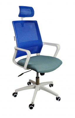 Кресло офисное Бит белый пластик/cиняя сетка/темно серая ткань